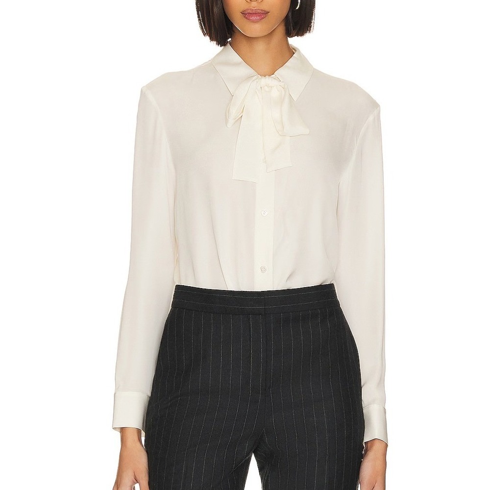 Theory Wide Tie Neck Blouse Ivory 100% Silk Georgette Top Size P / XS